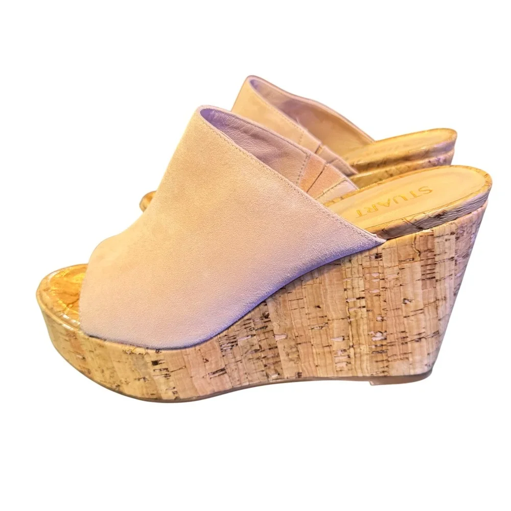 NWOT Stuart Weitzman Margarite Blush Suede Cork Wedge Platform Spain SZ7 PeepToe - Picture 3 of 9